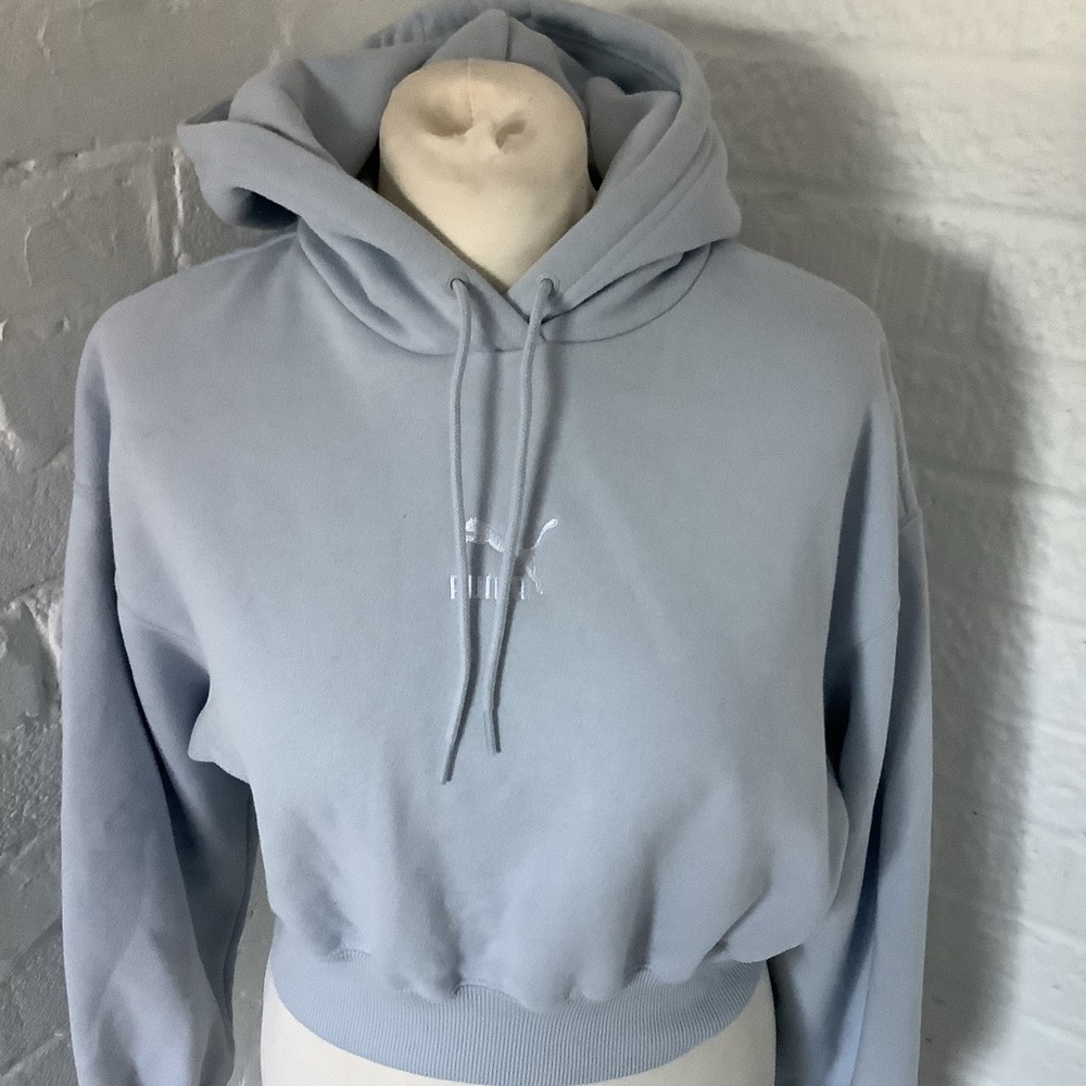 Puma Cropped Hoodie - Size S - Light Blue - Cotton - P2P 18” - Picture 2 of 8